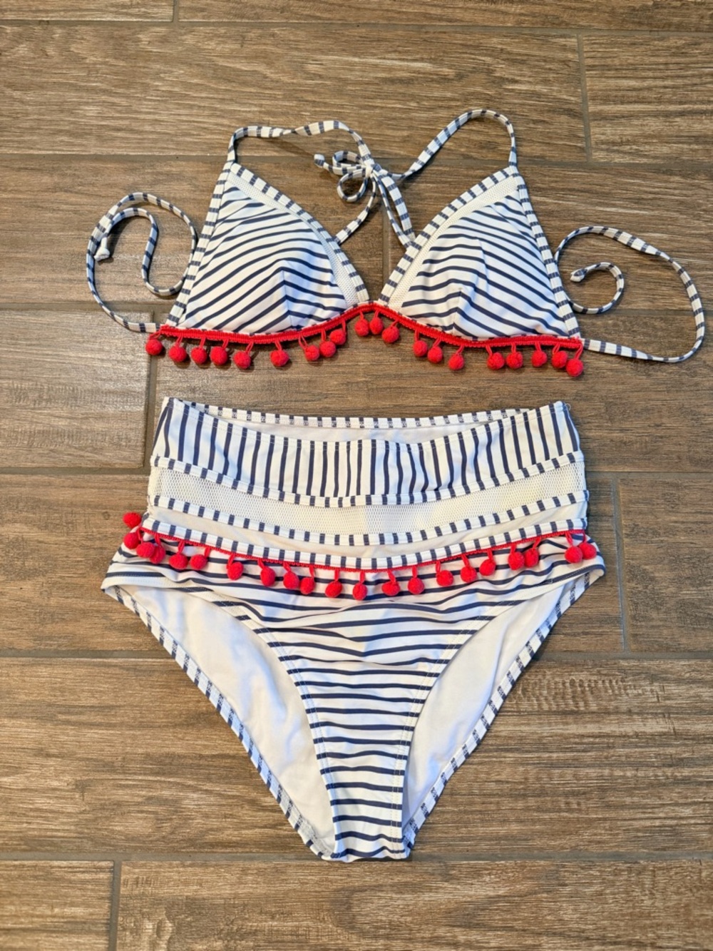 COCOSHIP White & Navy Striped Bikini with Pink Tassel Pom Pom Trim NWOT